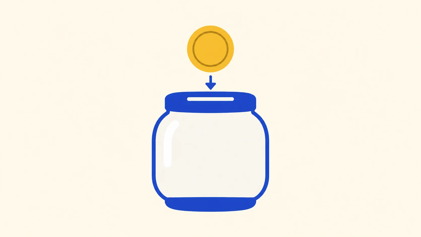 The same coin and savings jar, shown with flat shapes and a clear downward direction.