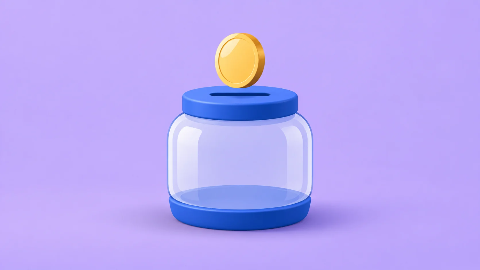 The coin and savings jar use layered depth, highlights and soft shadows in a 2.5D treatment.