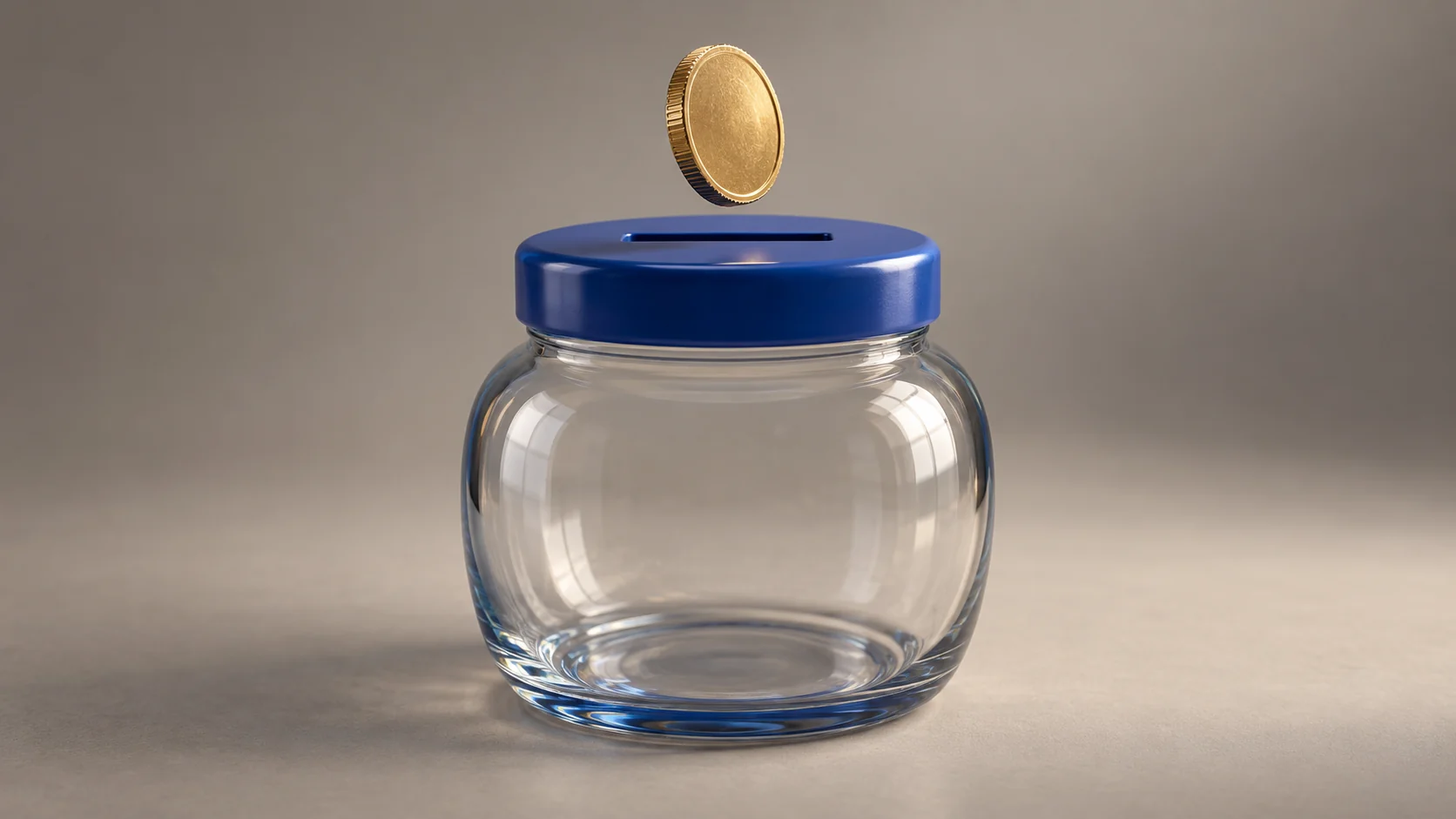 A CGI-style coin and glass savings jar show the real-3D material and camera language.