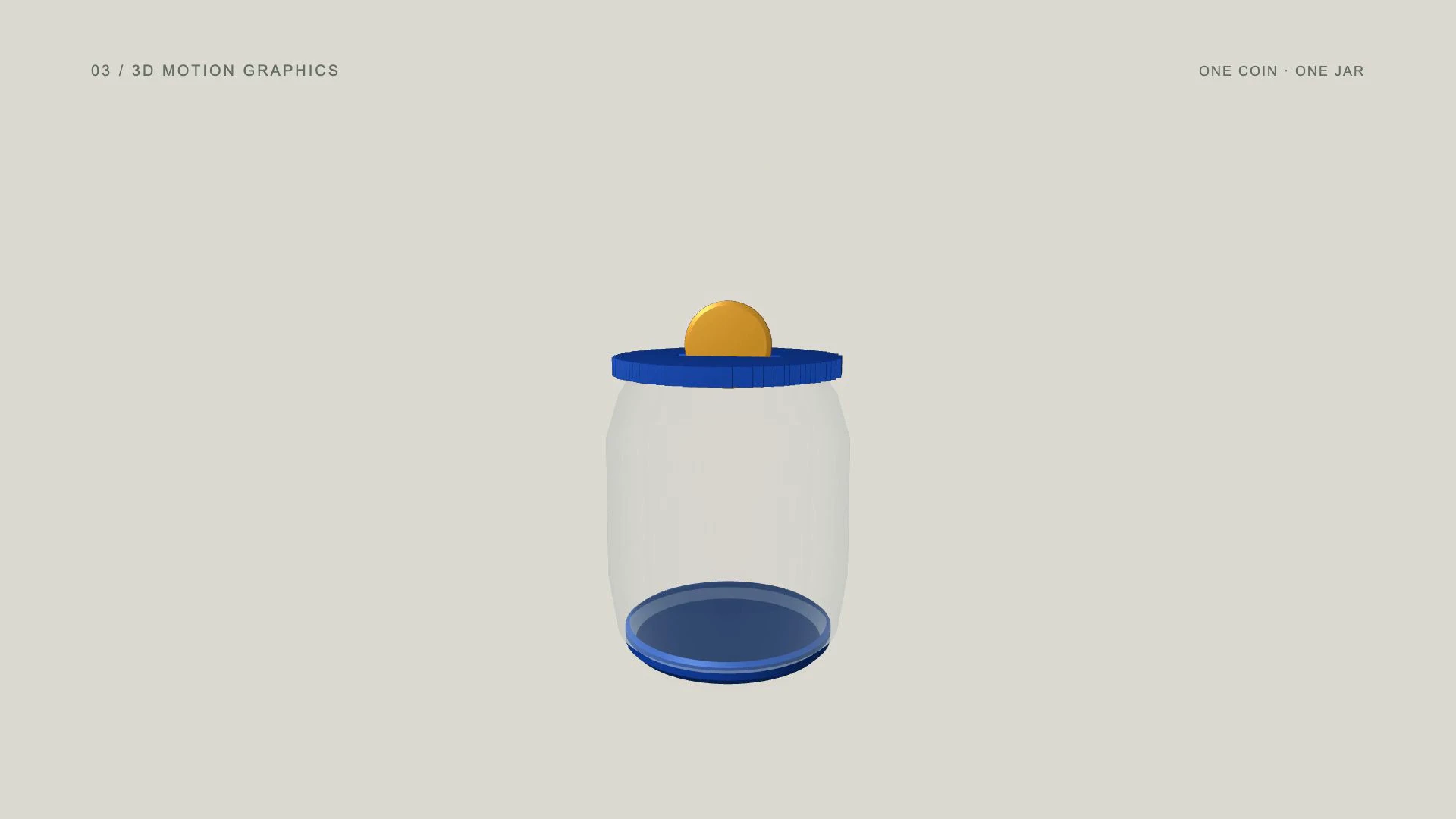 3D motion graphics: one gold coin enters a blue savings jar in a five-second animated example
