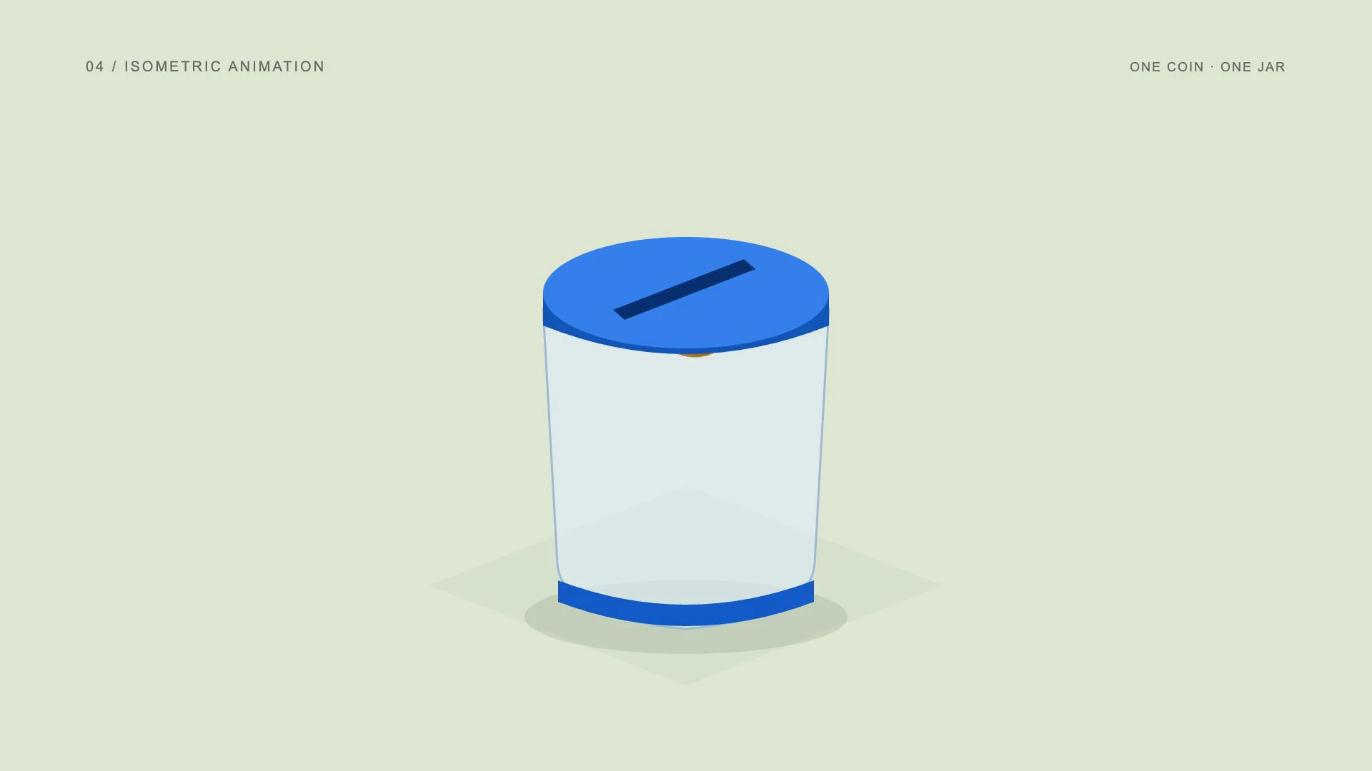 Isometric animation: one gold coin enters a blue savings jar in a five-second animated example