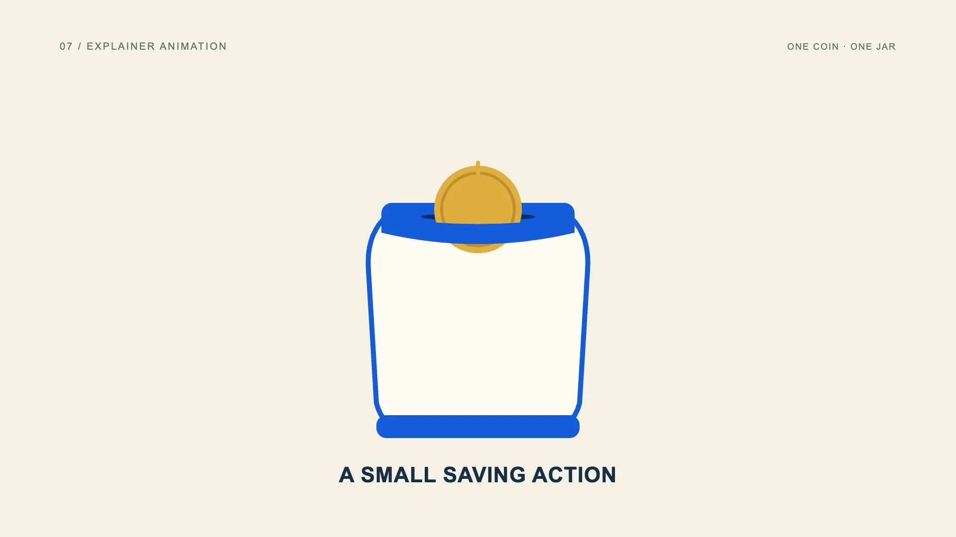 Explainer animation: one gold coin enters a blue savings jar in a five-second animated example