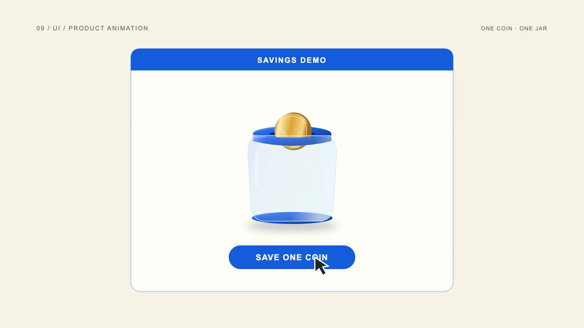 UI / product animation: one gold coin enters a blue savings jar in a five-second animated example