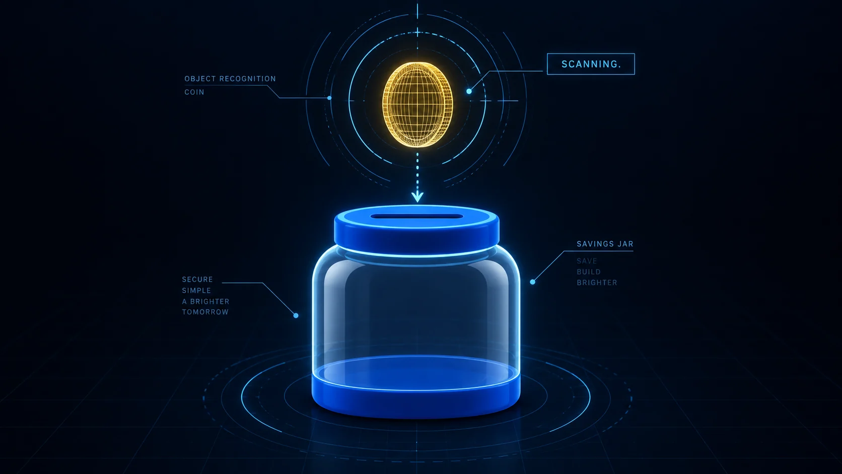 Technical rings and wireframe-like graphics restyle the same coin and savings jar as a fictional HUD.