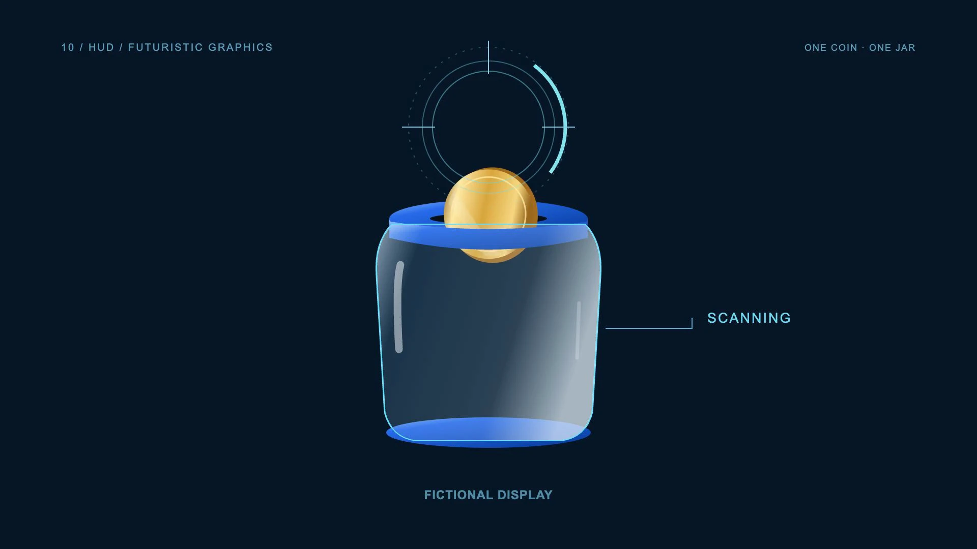 HUD / futuristic graphics: one gold coin enters a blue savings jar in a five-second animated example