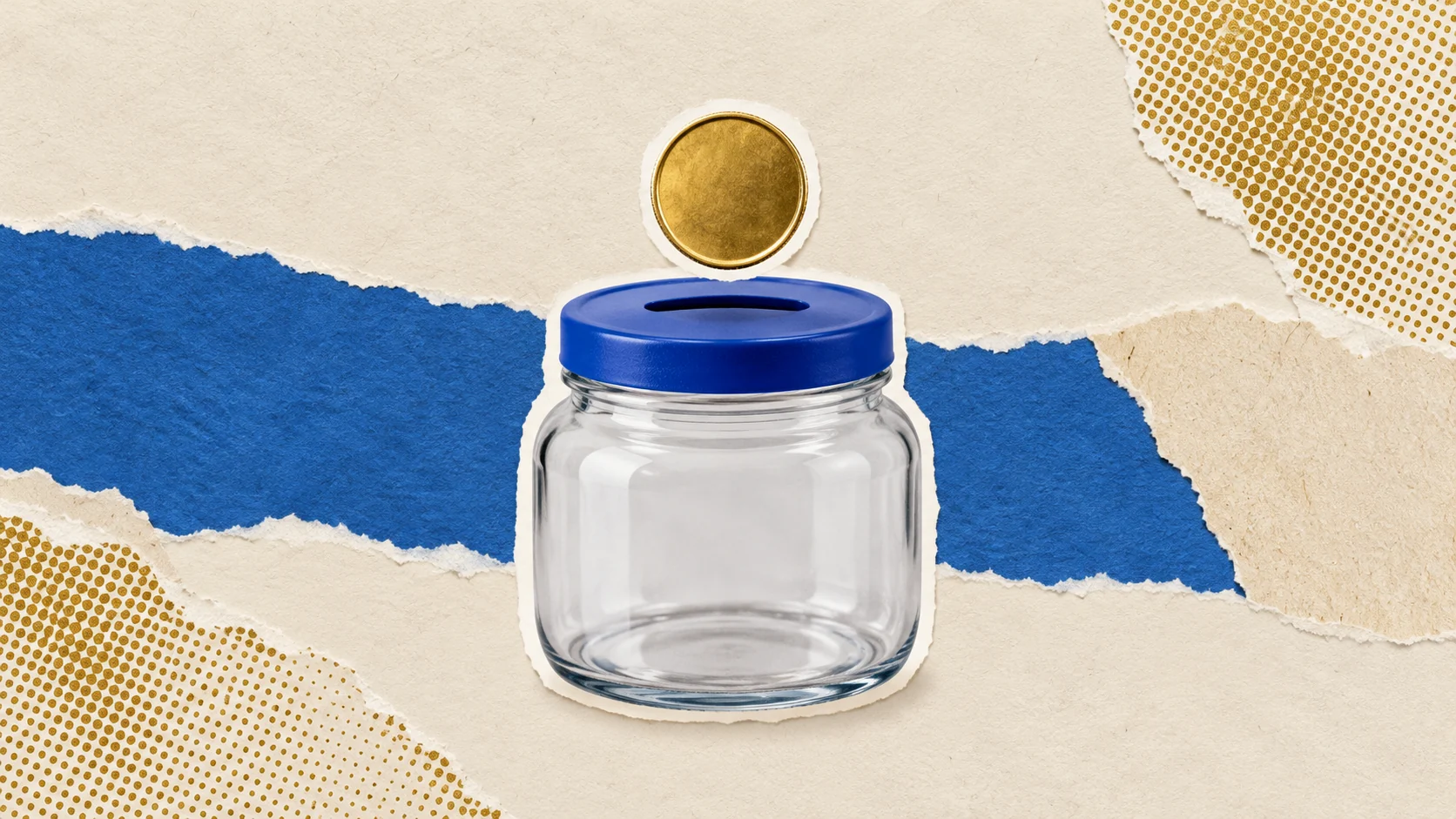 Coin and jar cutouts sit over torn paper and halftone textures in a mixed-media treatment.