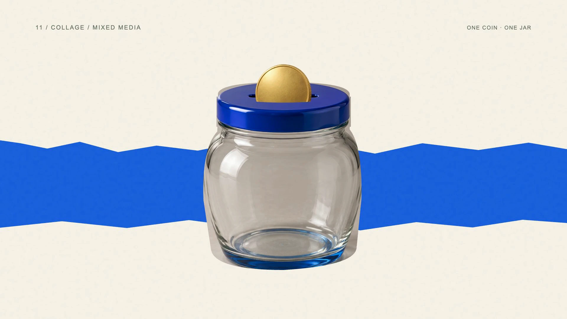 Collage / mixed media: one gold coin enters a blue savings jar in a five-second animated example