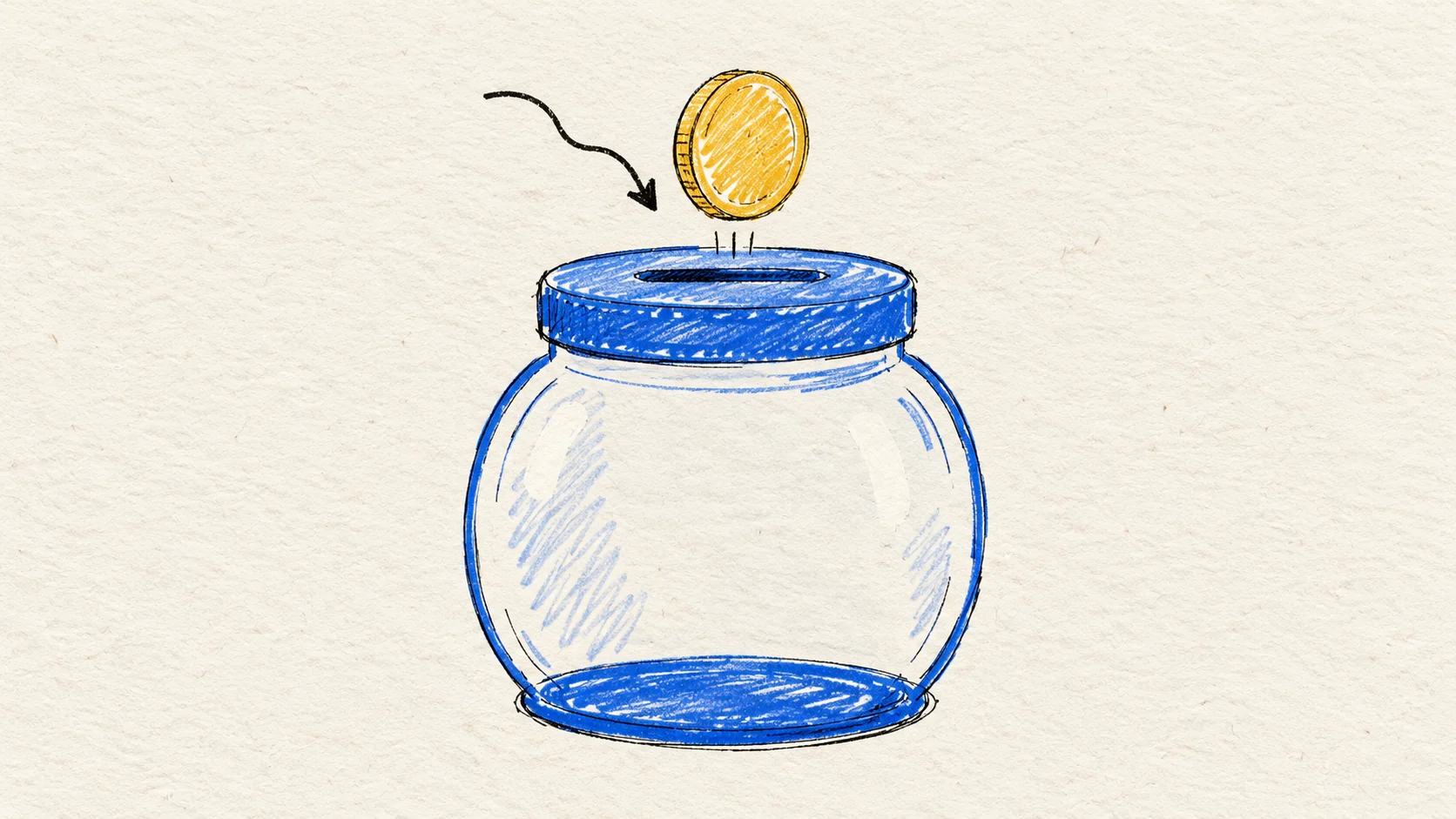 Mustard and cobalt marker strokes draw the same coin and jar on textured paper.