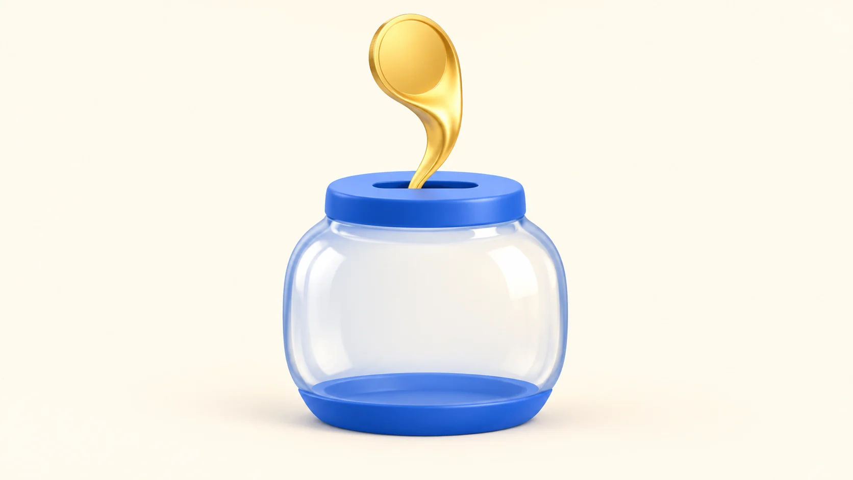 The same coin stretches into a fluid form as it approaches the stable savings jar.