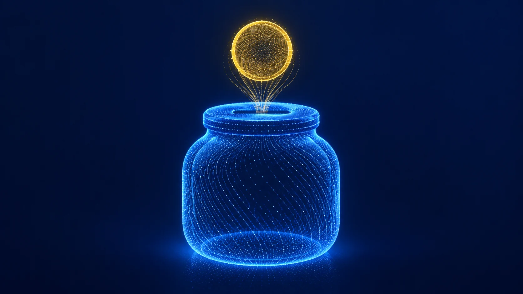 Procedural gold and blue curves build the same coin-and-jar silhouettes.