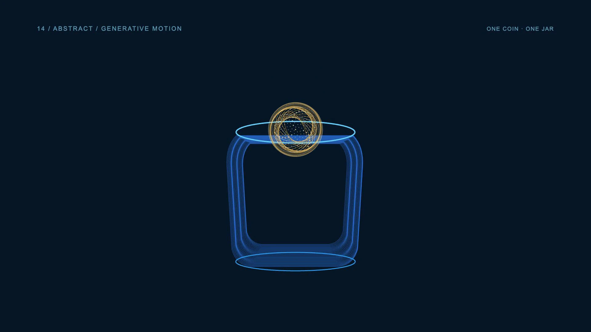 Abstract / generative motion: one gold coin enters a blue savings jar in a five-second animated example