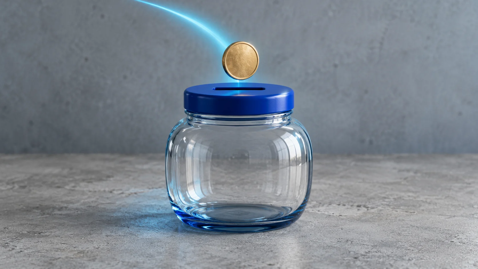 A photographic-style coin and jar integrate a cyan path with coherent lighting and occlusion.