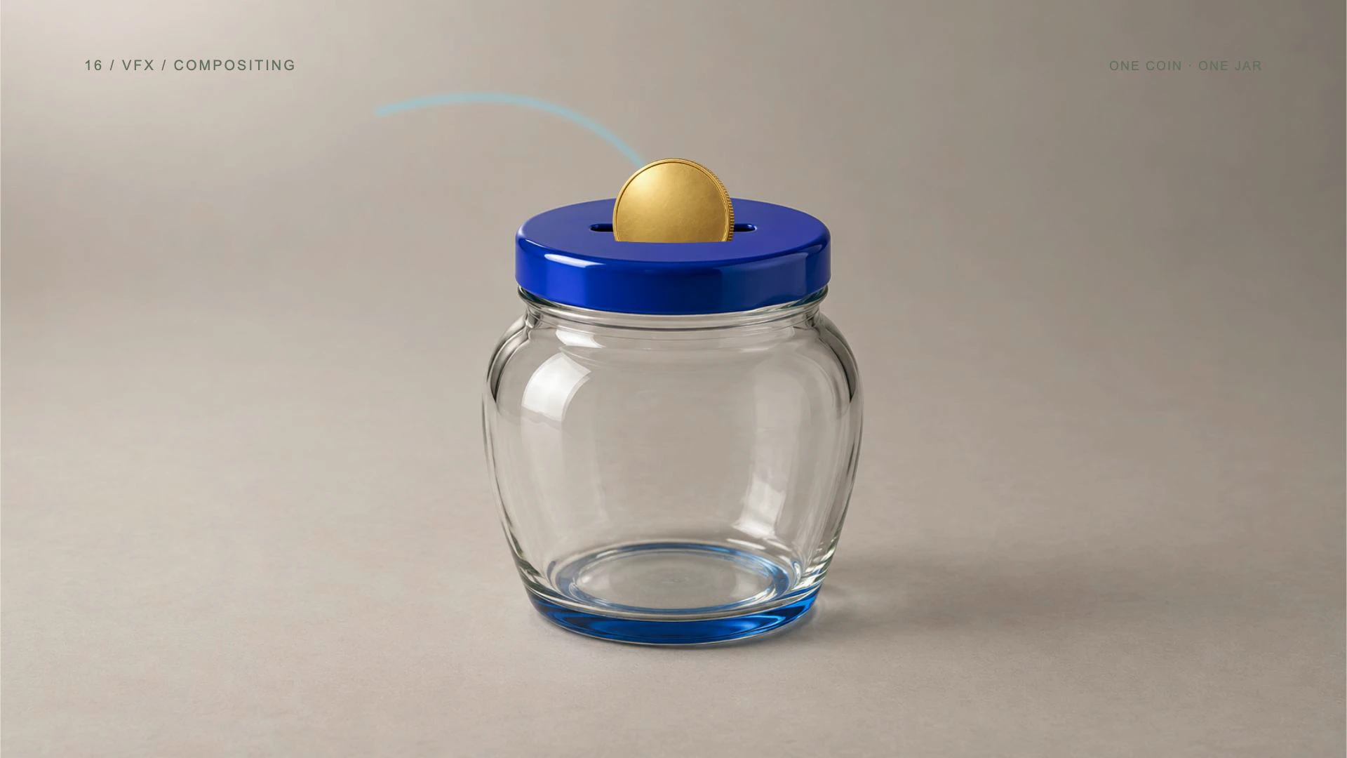 VFX / compositing: one gold coin enters a blue savings jar in a five-second animated example